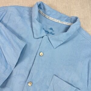 Tommy Bahama Silk Camp Shirt Mens XXL Blue Jacquard Palm Leaf Short Sleeve